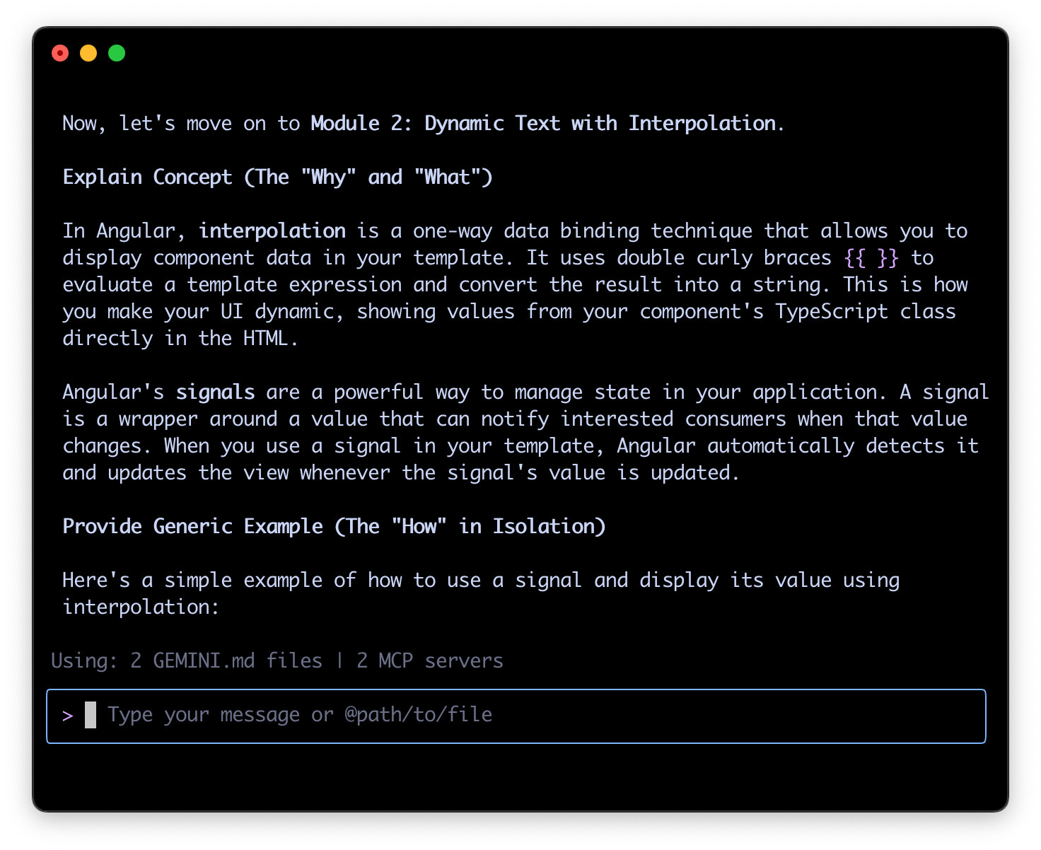 Angular AIチューターが簡単な概念の説明を提示しているスクリーンショット。
