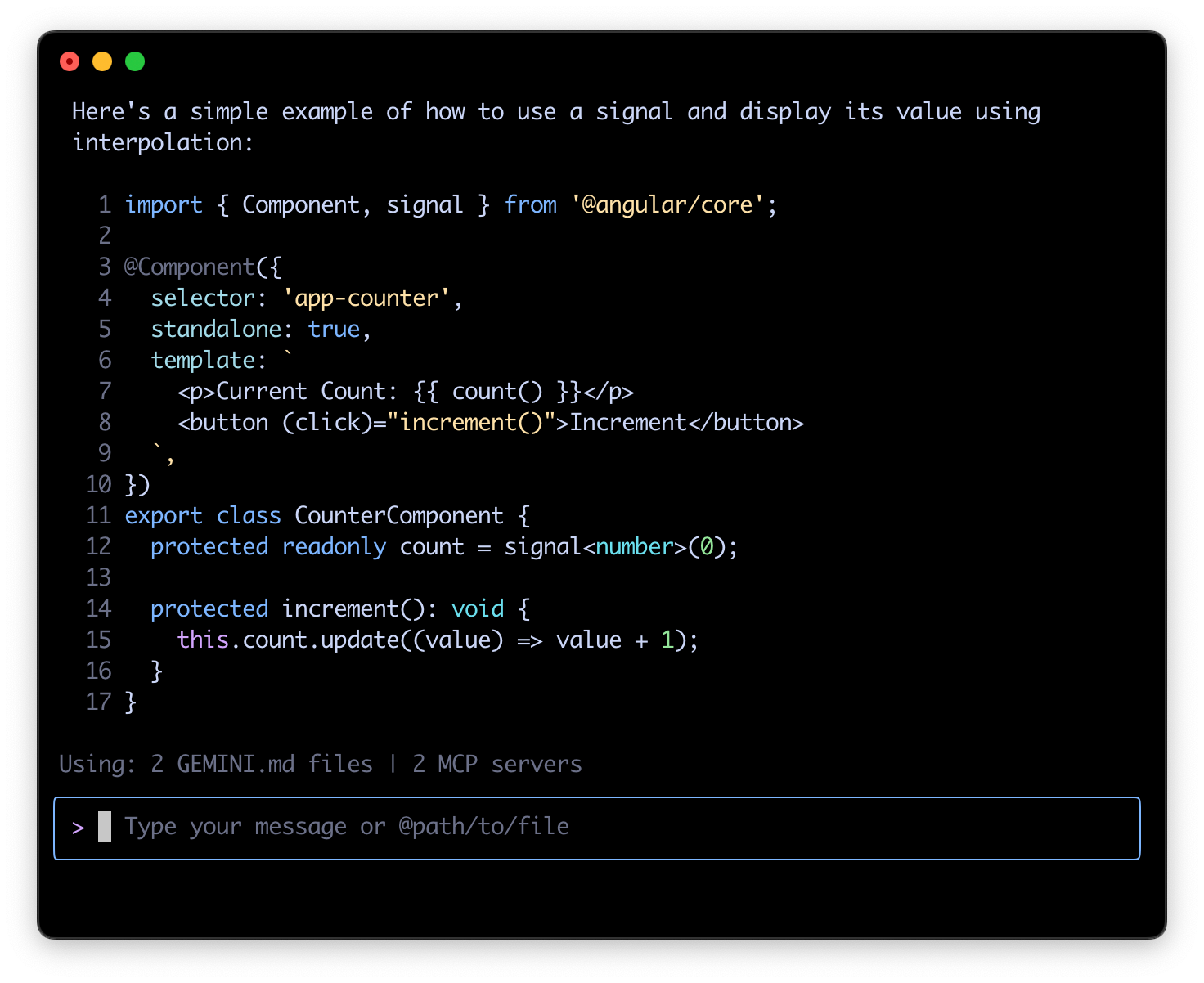 Angular AIチューターがコード例を表示しているスクリーンショット。