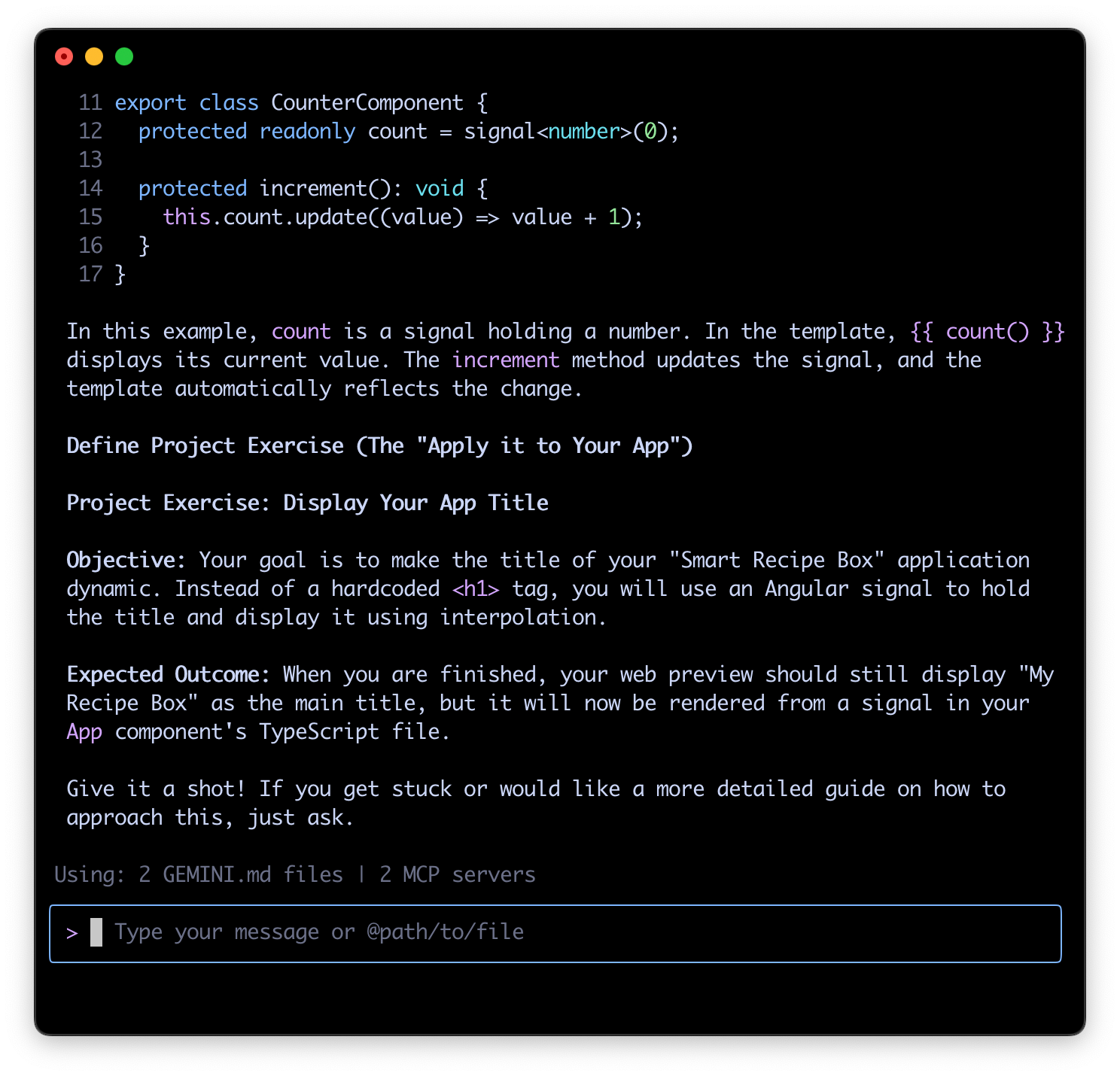 Angular AIチューターが演習を提供しているスクリーンショット。