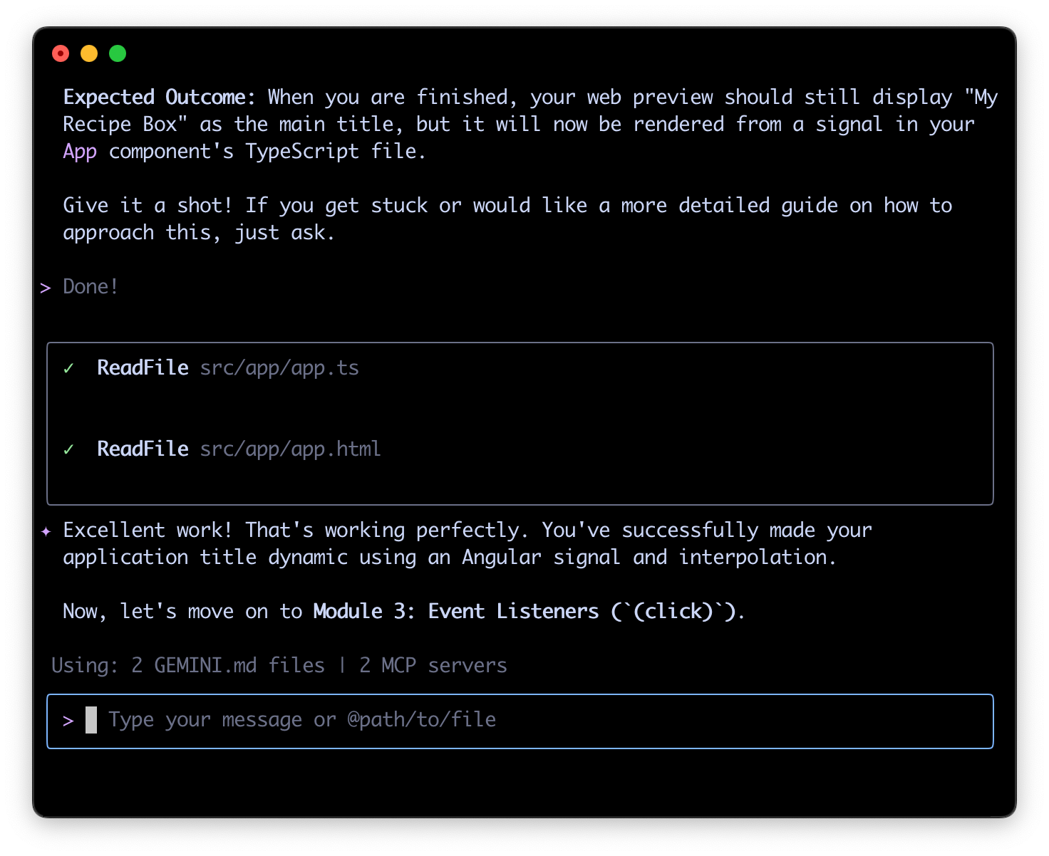 Angular AIチューターがユーザーの作業内容をチェックしているスクリーンショット。