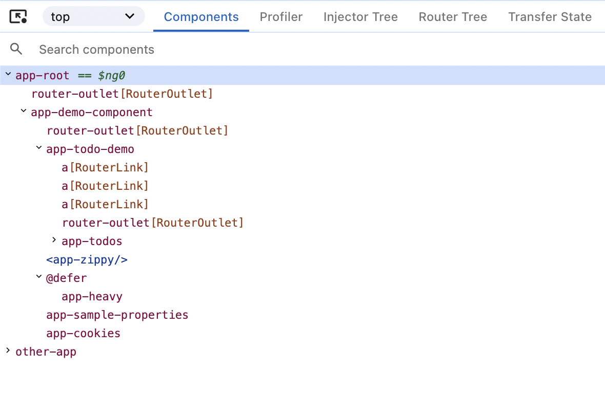 アプリケーションのルートから始まるAngularコンポーネントとディレクティブのツリーを示す「Components」タブのスクリーンショット。