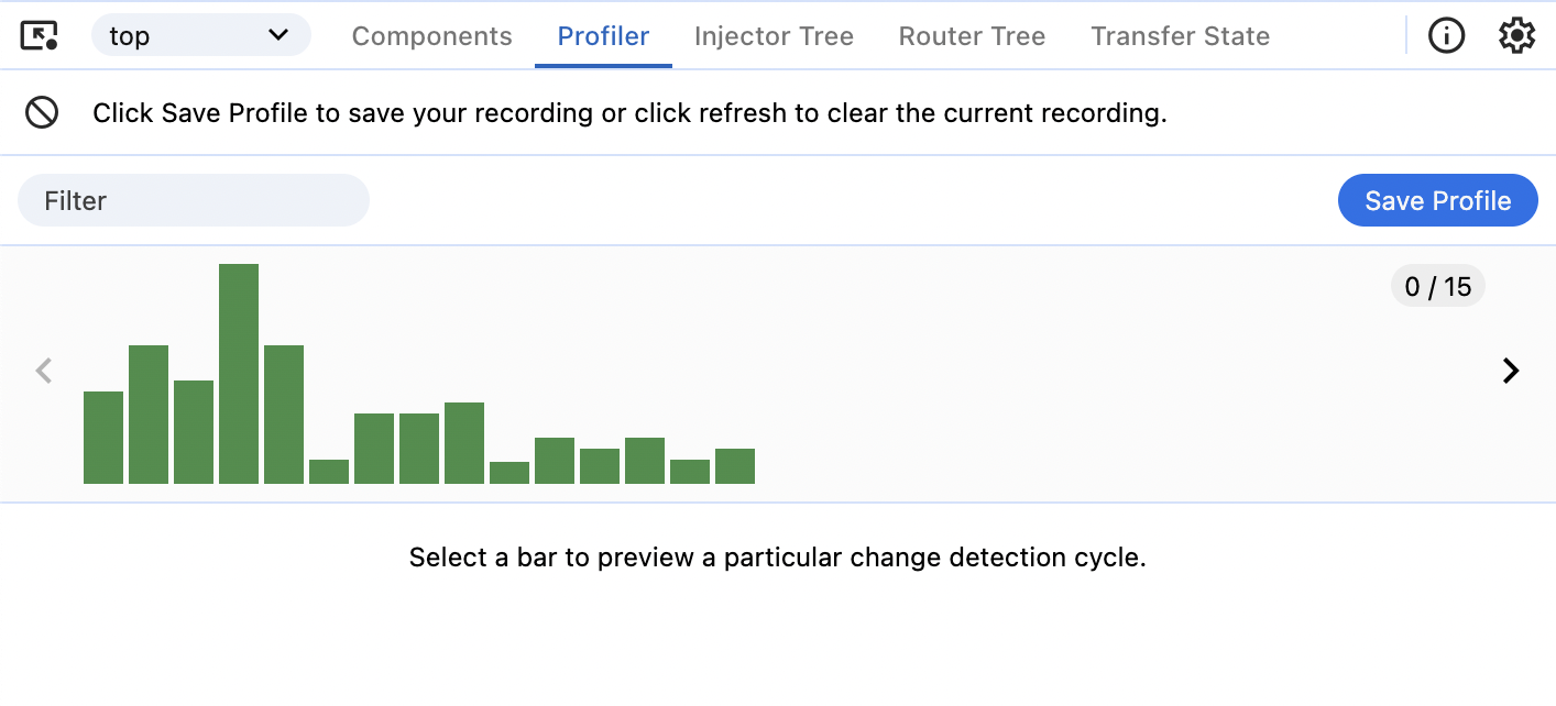 記録またはアップロードされたプロファイル後の「Profiler」タブのスクリーンショット。いくつかのテキストが表示され、「特定の変更検出サイクルをプレビューするには、バーを選択します」と表示されています。