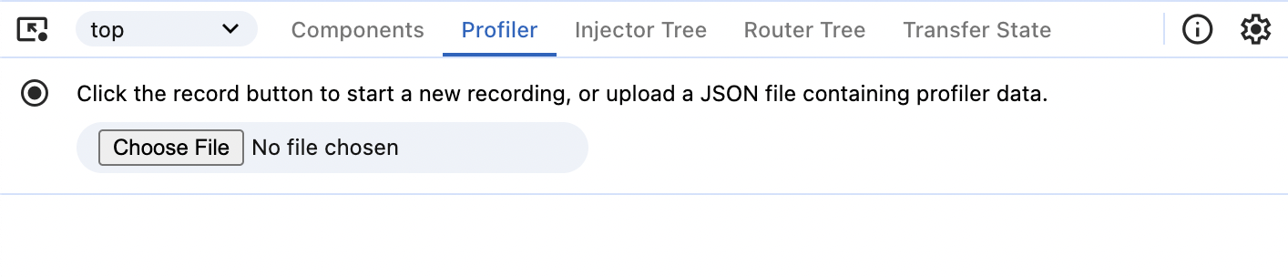 「Profiler」タブのスクリーンショットで、「再生ボタンをクリックして新しい記録を開始するか、プロファイラデータを含むjsonファイルをアップロードします。」と表示されています。その横に、新しいプロファイルを記録を開始する記録ボタンと、既存のプロファイルを選択するファイルピッカーがあります。