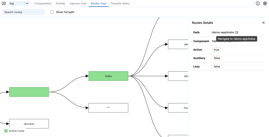 A screenshot showing the 'Navigate to' tooltip on the route path in the 'Routes Details' sidebar.